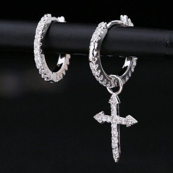 *925 Sterling Silver Diamond Cross Hoop Earrings - Picture 1 of 6
